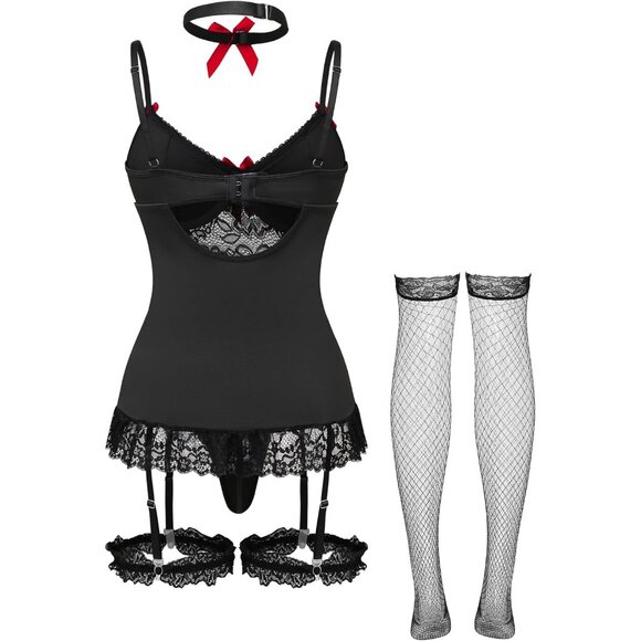 Sexy Floral Lace Garter Belt Babydoll Corset Push Up Black Red #2 Lingerie Set - Picture 6 of 7